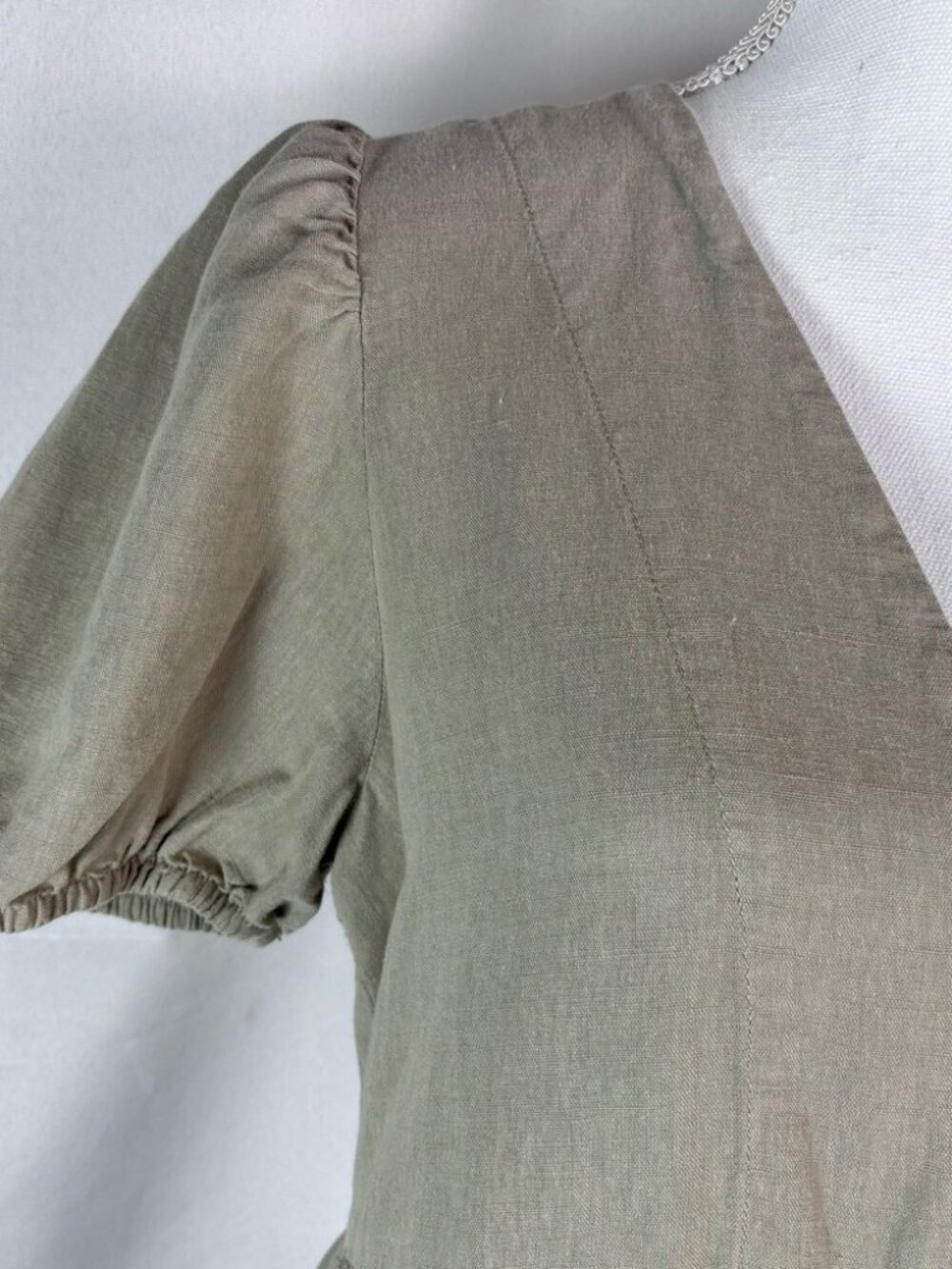 ZARA Linen Blend Tiered Babydoll Mini Dress Taupe Khaki Puff Sleeve Medium - Picture 7 of 9
